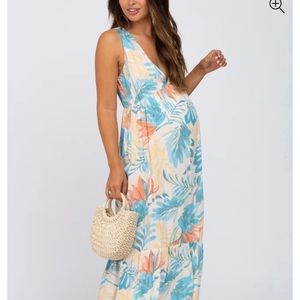 Palm Leaf Print Sleeveless Maternity Maxi Dress